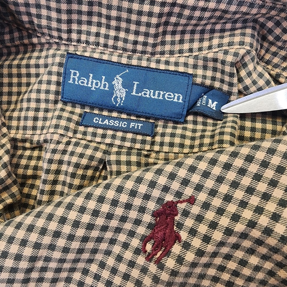 Ralph Lauren Mens M Tan Green Gingham Check Classic Fit Long Sleeve Button Shirt